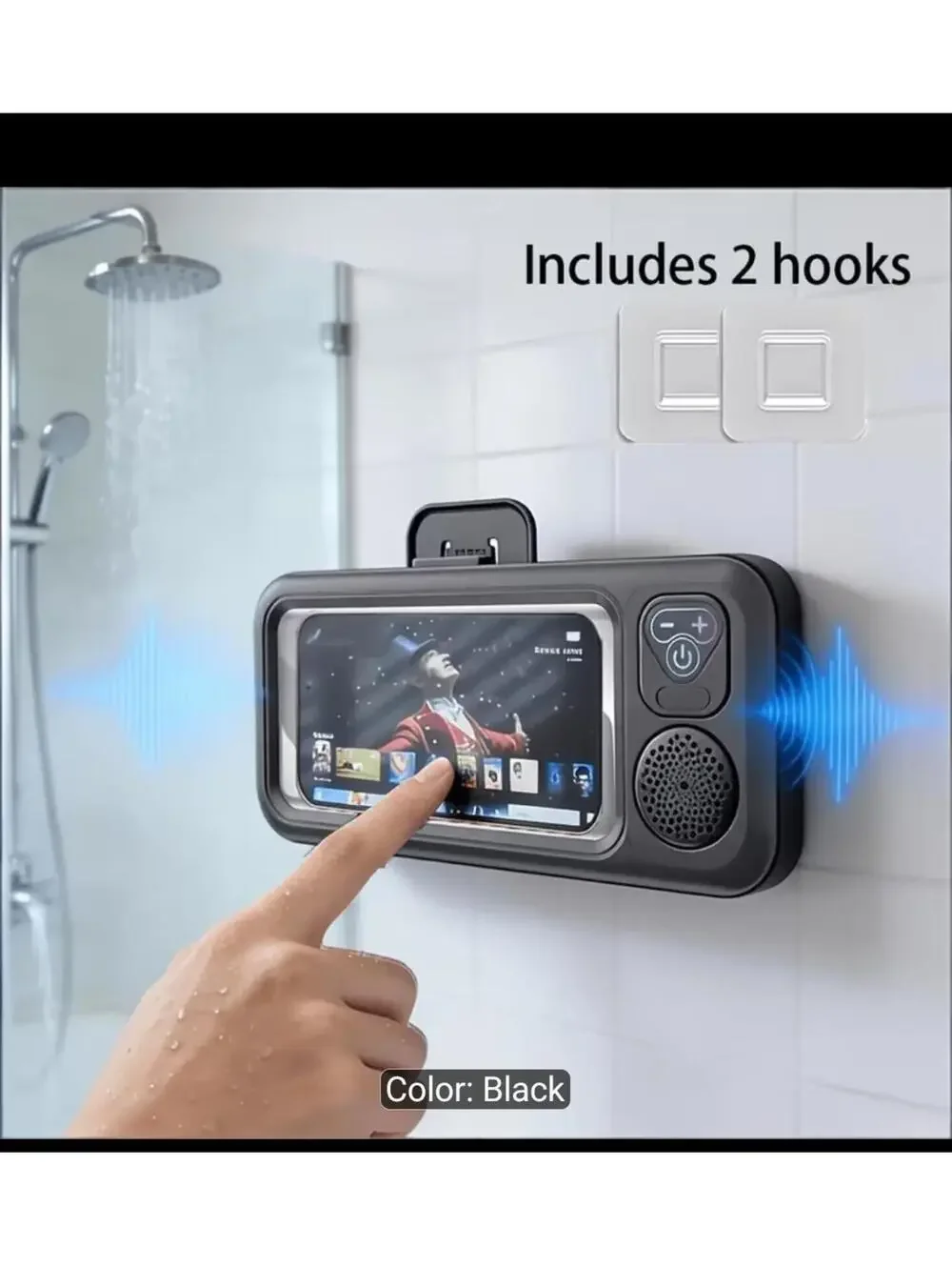 Black Shower Phone Holder with Wireless Bluetooth Speaker